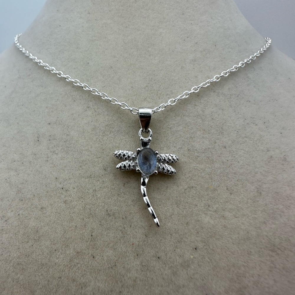 Silver Moonstone Dragonfly Pendant Necklace on Silver Plated Box Chain - Picture 4 of 12
